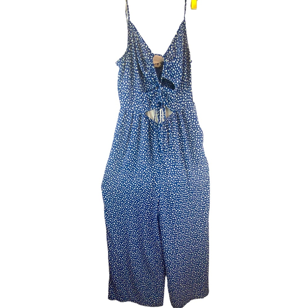 Moon River Distressed Polka Dot Cropped Jumpsuit Front Tie Key Hole design Large